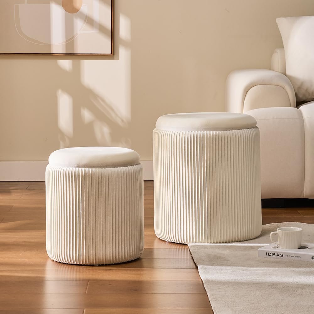 BLEXA Storage Upholstered Multifunctional Ottoman (Set of 2) | Elegant Bouclé Ottoman with Hidden Storage for Living Room & Bedroom